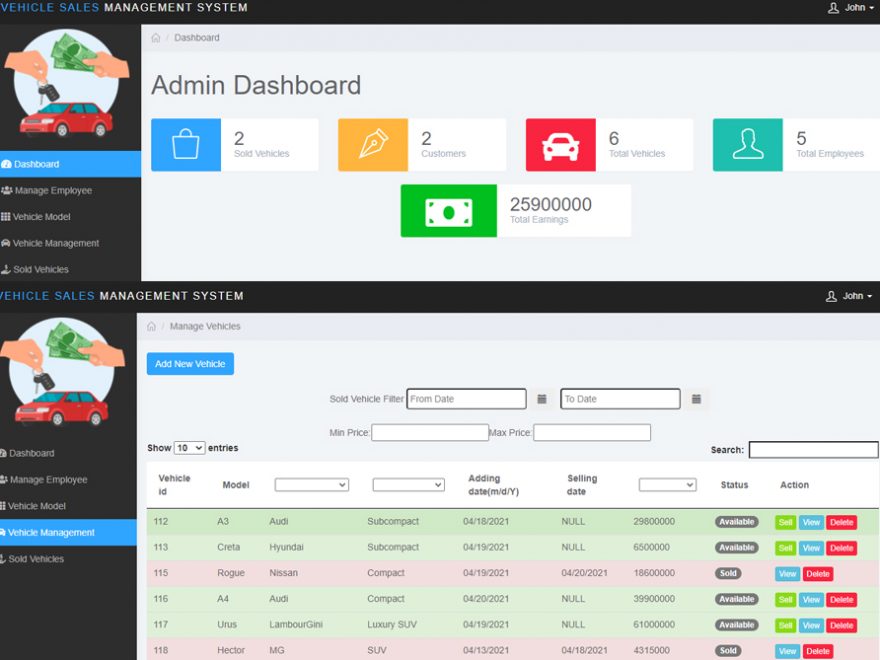 Vehicle Sales Management System in PHP with source code